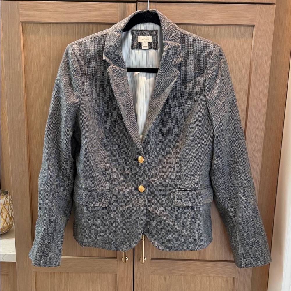 J. Crew Gray Herringbone Wool-Blend Blazer with Gold Buttons